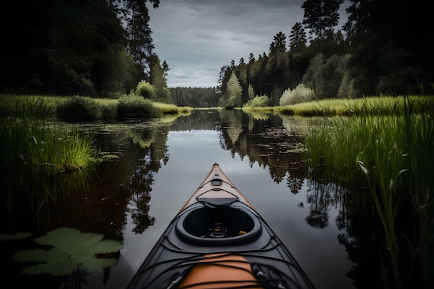 Un kayak est représenté sur une rivière avec des arbres en arrière-plan.