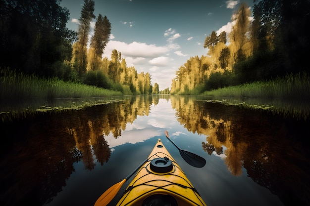 Un kayak est représenté sur une rivière avec un ciel nuageux en arrière-plan.