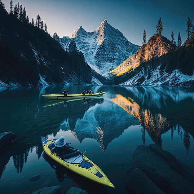 Un kayak jaune est sur l'eau avec les montagnes en arrière-plan.