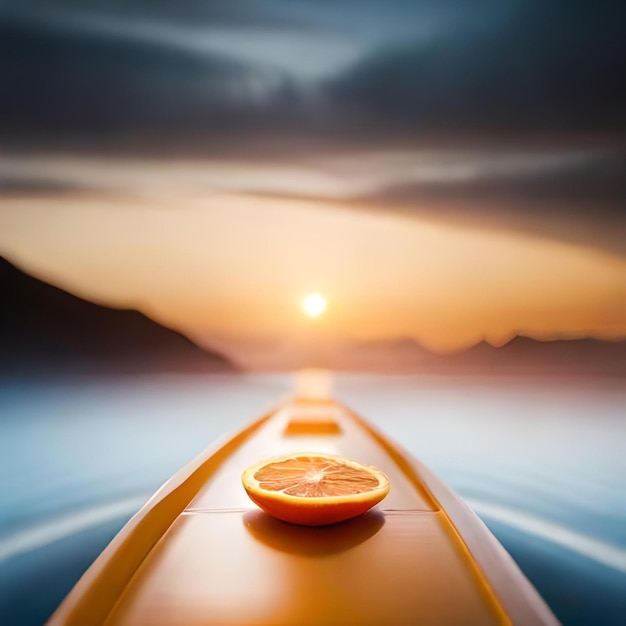 Un kayak avec une pièce de monnaie sur le dessus est représenté au coucher du soleil