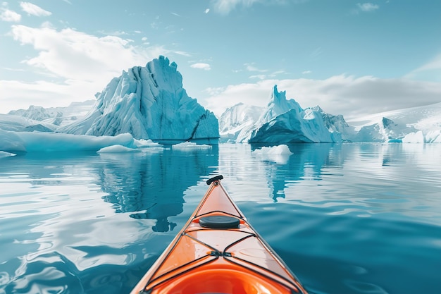 Kayak rouge dans les eaux bleues glacées parmi les glaciers imposants