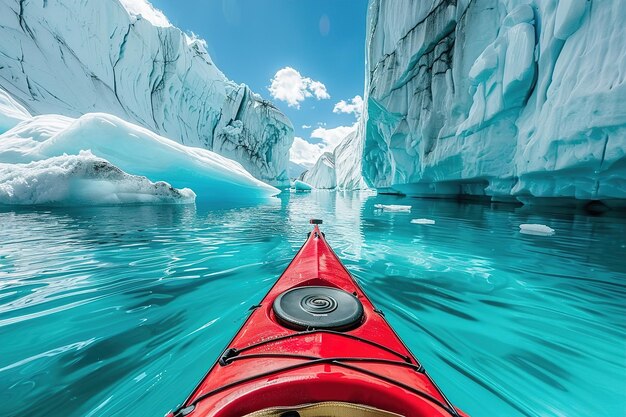 Kayak rouge dans les eaux bleues glacées parmi les glaciers imposants