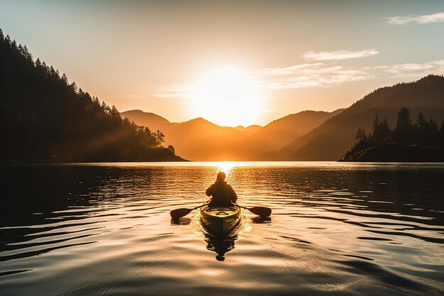 Photo un kayakiste est assis dans l'eau avec le soleil qui se couche derrière lui