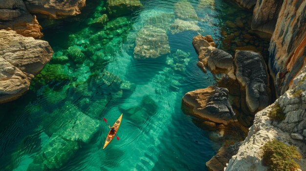 Photo un kayakiste ramant à travers un labyrinthe de karsts calcaires s'élevant des eaux émeraude d'un paradis tropical explorant des criques cachées et des plages isolées