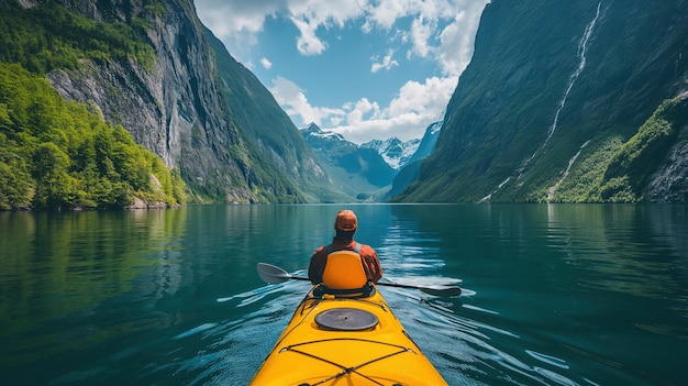 Un kayakiste en solo pagayant sur un lac de montagne calme avec des sommets majestueux couverts de neige en arrière-plan reflétant la sérénité et la beauté de la nature