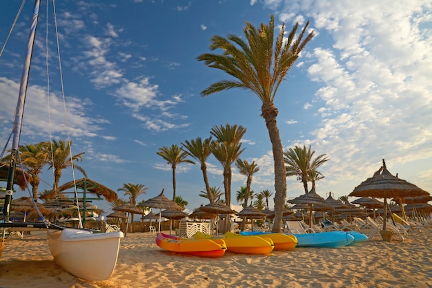 Kayaks et catamaran sur la plage