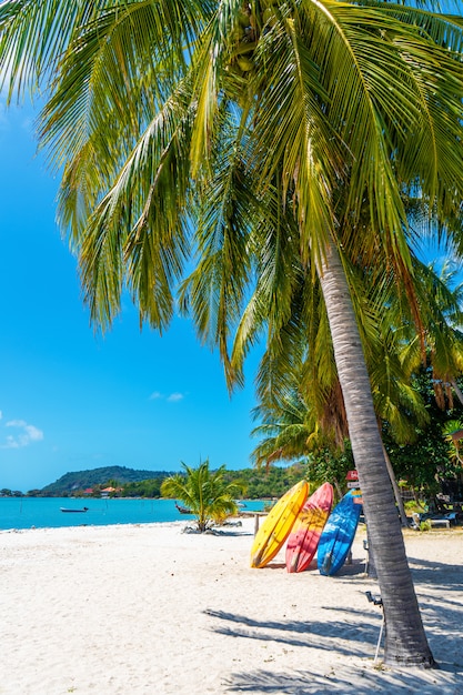 Kayaks multicolores sur une plage de sable tropicale. Location de kayak. Divertissement touristique