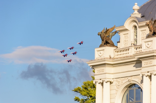 Kazan, Fédération de Russie - 25 juillet 2020 : Vacances d'aviation "Je choisis le ciel-2020". Journée de la flotte aérienne russe. MIG-29. Groupe d'aviation des forces militaires-air de la Russie "Strizhi".