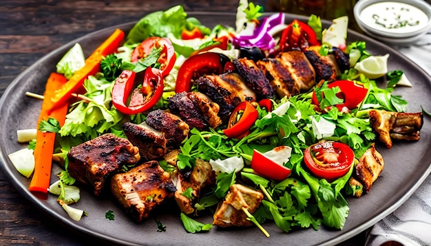 Kebab à côtes avec salade de légumes et grains de poivre sur une table en bois