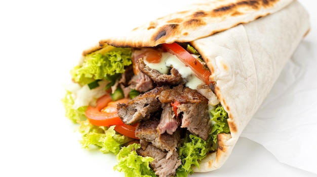 Photo kebab doner sur fond blanc génératif ai