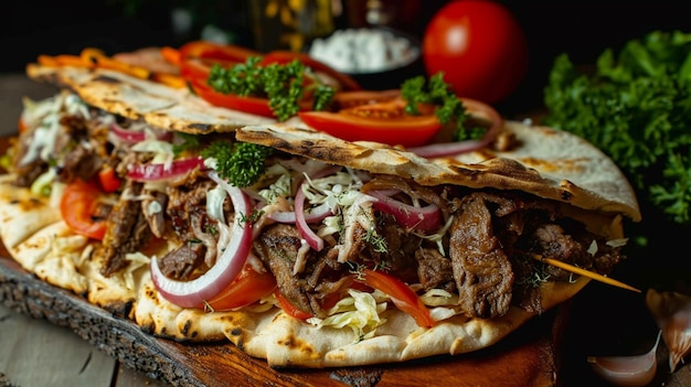 Photo kebab doner turc sur du pain pita toasté doré génératif ai