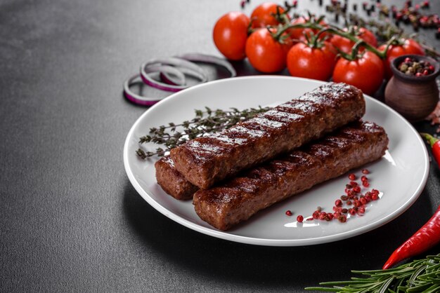 Kebab frais et savoureux grillé avec des épices et des herbes. Plat de viande grillée