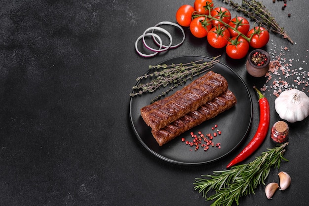 Kebab frais et savoureux grillé avec des épices et des herbes. Plat de viande grillée