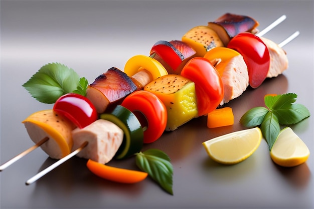 Photo un kebab avec des légumes dessus et une tranche de basilic sur le côté.