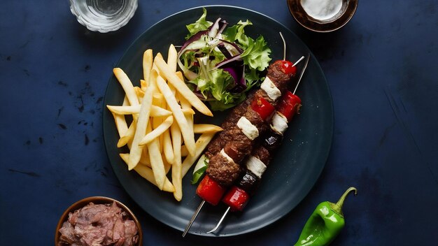 Kebab Lula servi avec une salade de frites et du poivre grillé