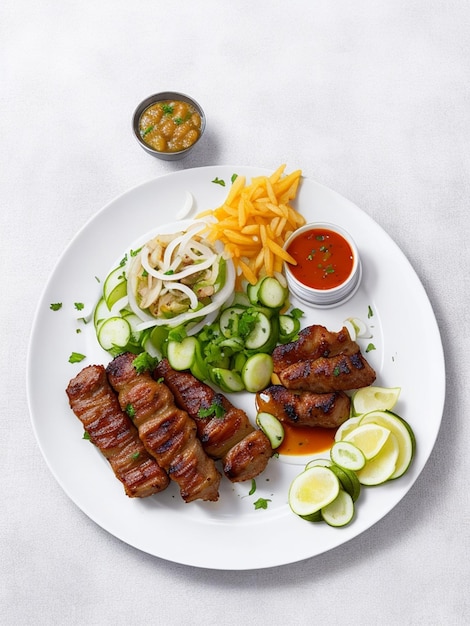 Kebab Lule avec oignons et cornichons sur une table