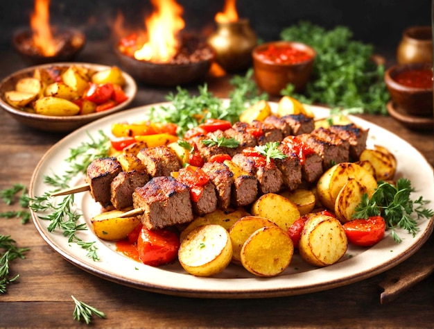 kebab à la viande avec des pommes de terre grillées et des légumes avec de la sauce