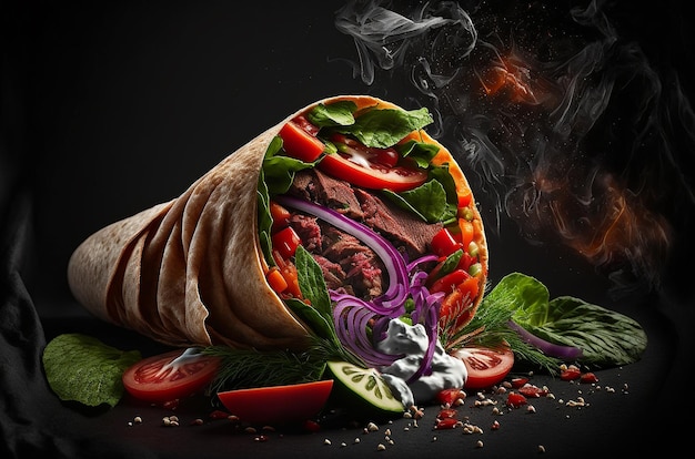 Kebab wrap produit studio photo fond noir salade fraîche tomate oignon illustration générative ai