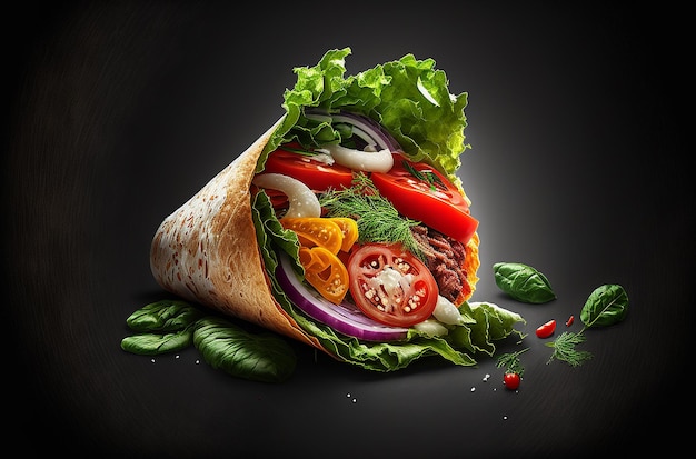 Kebab wrap produit studio photo fond noir salade fraîche tomate oignon illustration générative ai
