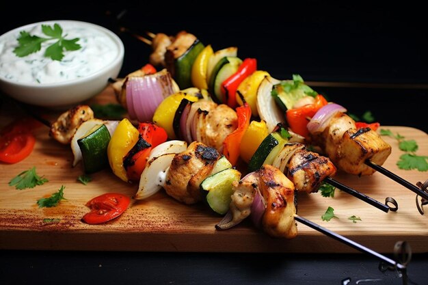 Photo kebabs au poulet et aux légumes avec sauce tzatziki