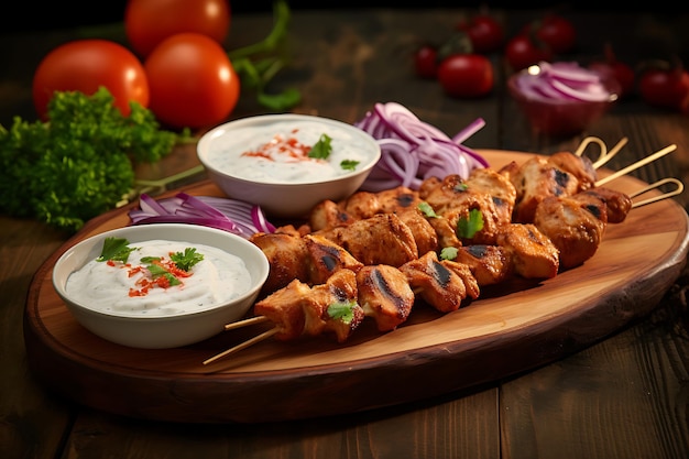 Kebabs de poulet sur des brochettes avec de la sauce au yogourt