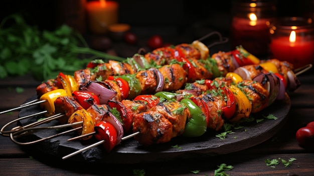 kebabs de viande et légumes sur une table en bois rustique Ai génératif généré par AI