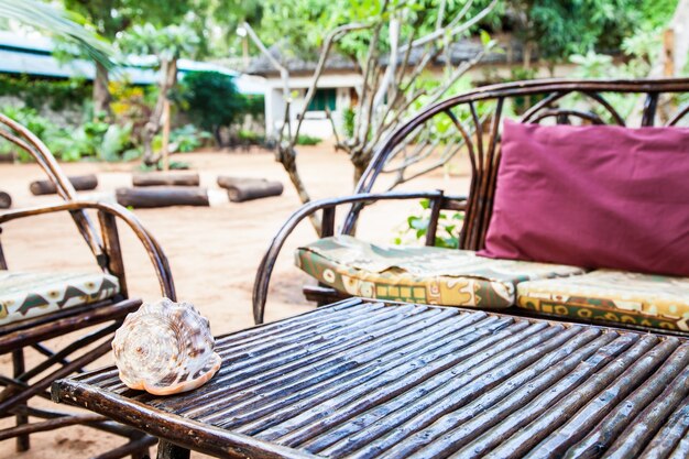 Kenya. Meubles élégants en bois dans un jardin africain
