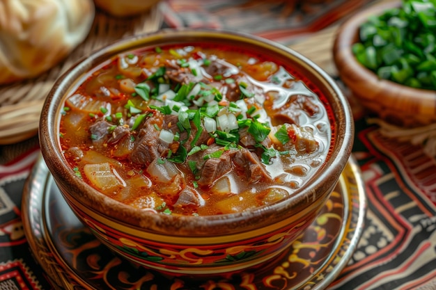 Photo kespe soup kullama ou beshbarmak est un plat national d'asie centrale avec un riche bouillon de veau