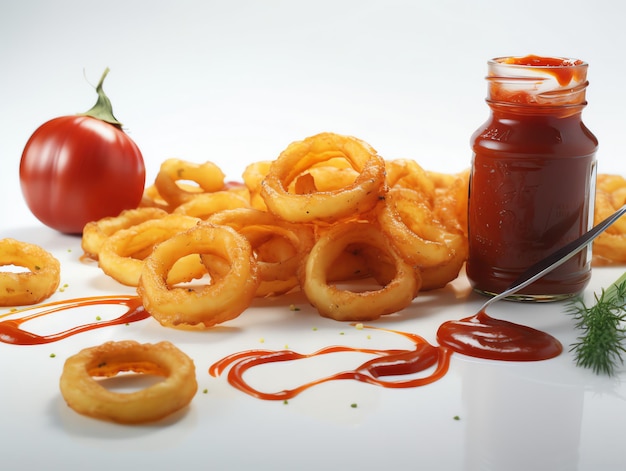 Ketchup avec des anneaux d'oignons dorés