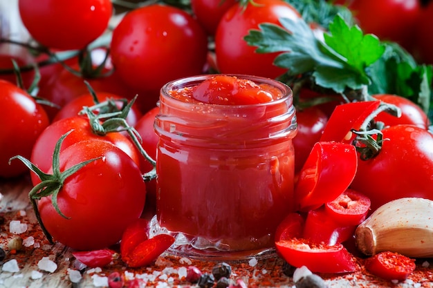 Photo ketchup épicé aux tomates avec piments et mise au point sélective à l'ail