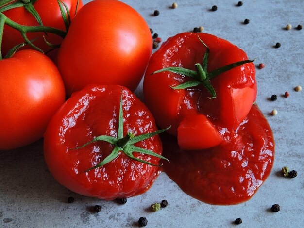 Ketchup à l'intérieur d'une tomate.