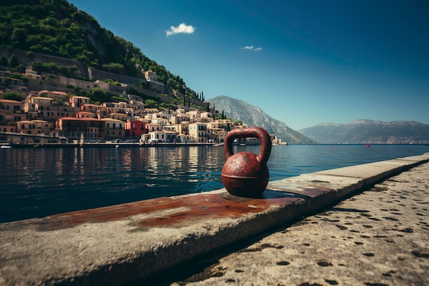 Photo kettlebell à l'entraînement au bord de la mer pendant les vacances de hooliday