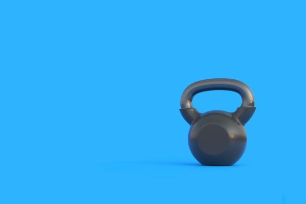 Kettlebell en fer noir réaliste sur fond bleu Équipement de gym et de fitness Outils d'entraînement rendu 3D