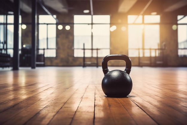 Kettlebell sur le sol en bois flou à l'arrière-plan vide du gymnase