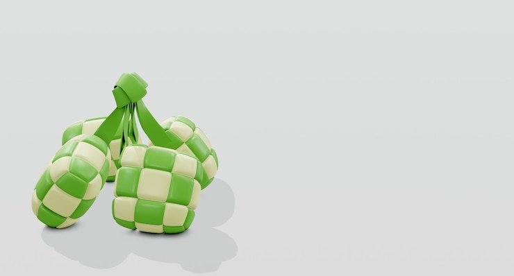 Photo ketupat 3d au sol et en position gauche avec fond blanc