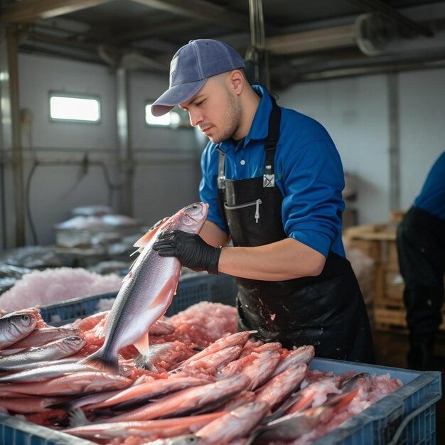 Photo khabarovsk krai russie juillet employé d'une usine de transformation du poisson déchargant un filet de cuillère avec le rose frais
