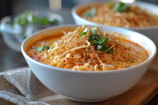 Khao Soi Soupe au curry de noix de coco crémeuse et épicée avec des nouilles d'œufs souvent surmontées de nouilles croustillantes