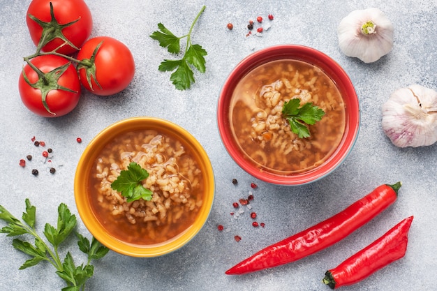 Kharcho de soupe végétarienne avec riz et légumes.