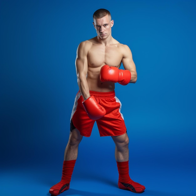 Un kickboxer en bandeau rouge posant sur un fond bleu