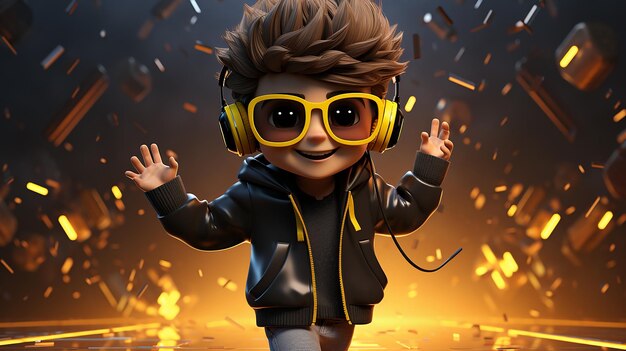 kid dj avec dessin animé casque et lunettes de soleil