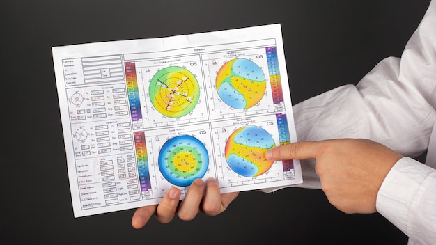 Photo kiev, ukraine - 07.07.2019 kératocône 2-3 degrés. dystrophie cornéenne. topographie cornéenne.