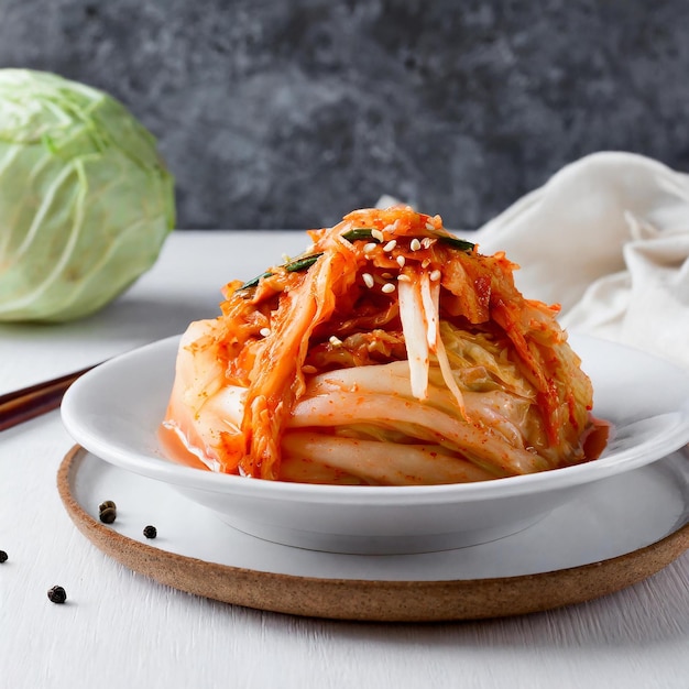 Kimchi coréen Kimchi de chou traditionnel coréen sur une plaque blanche Fond blanc gros plan