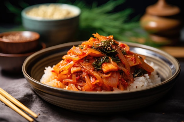 Kimchi fait maison sur une assiette servi avec du riz