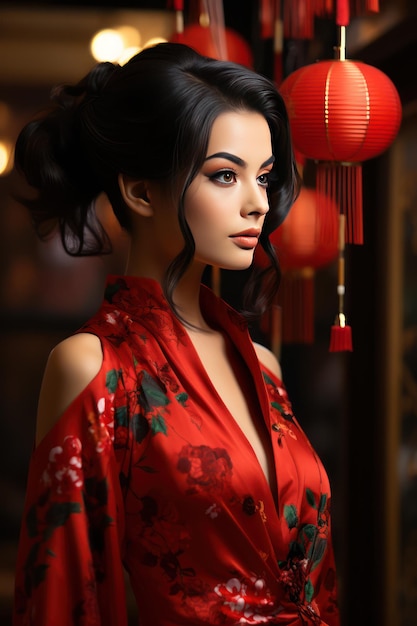 Photo kimono fleuri de style japonais jeune beauté asiatique