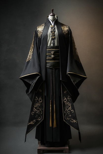 Un kimono noir et or avec le mot hanfu dessus.