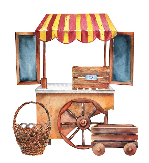 Kiosque de chariots à aquarelle Chariot en bois pour le commerce sur une roue A proximité se trouvent des boîtes et des paniers vides