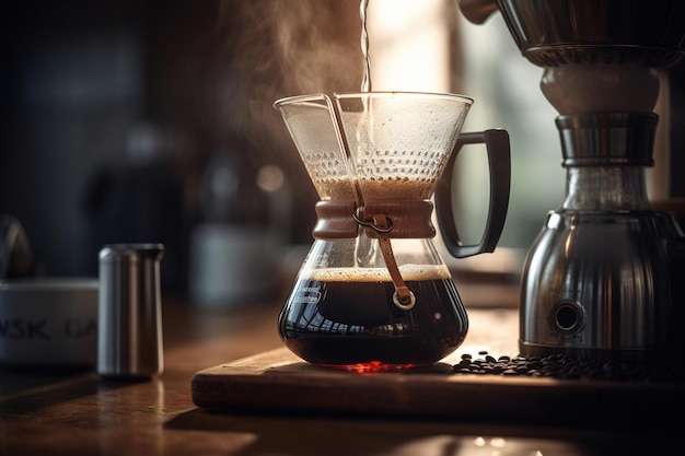 Kit de café goutte à goutte à la main barista versant de l'eau sur du café moulu avec filtre générative ai