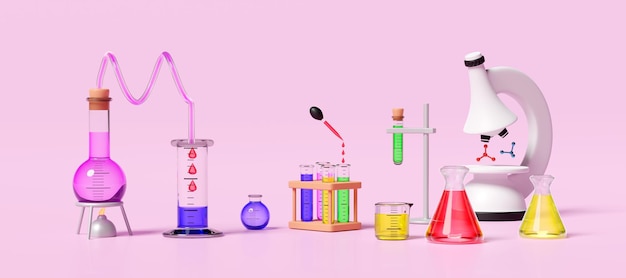 Photo kit d'expérimentation scientifique 3d avec lampe à alcool beaker microscope à tube d'essai isolé sur fond rose salle de classe en ligne concept d'éducation innovant illustration de rendu 3d
