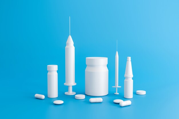 Kit médical de seringue ensemble de vaccins pour le traitement et la prévention des maladies. Comprimés et capsules ou pilules de medic blanc sur fond bleu avec des innovations médicales. Rendu 3D.