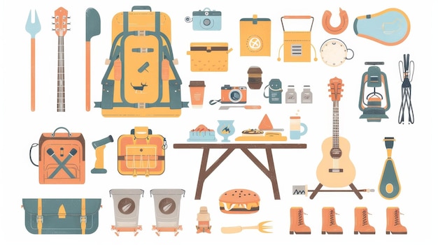 Un kit de randonnée d'aventure touristes39 outils équipement de camping sac à dos table de pique-nique nourriture guitare caméra et feu illustrations modernes plates isolées sur blanc